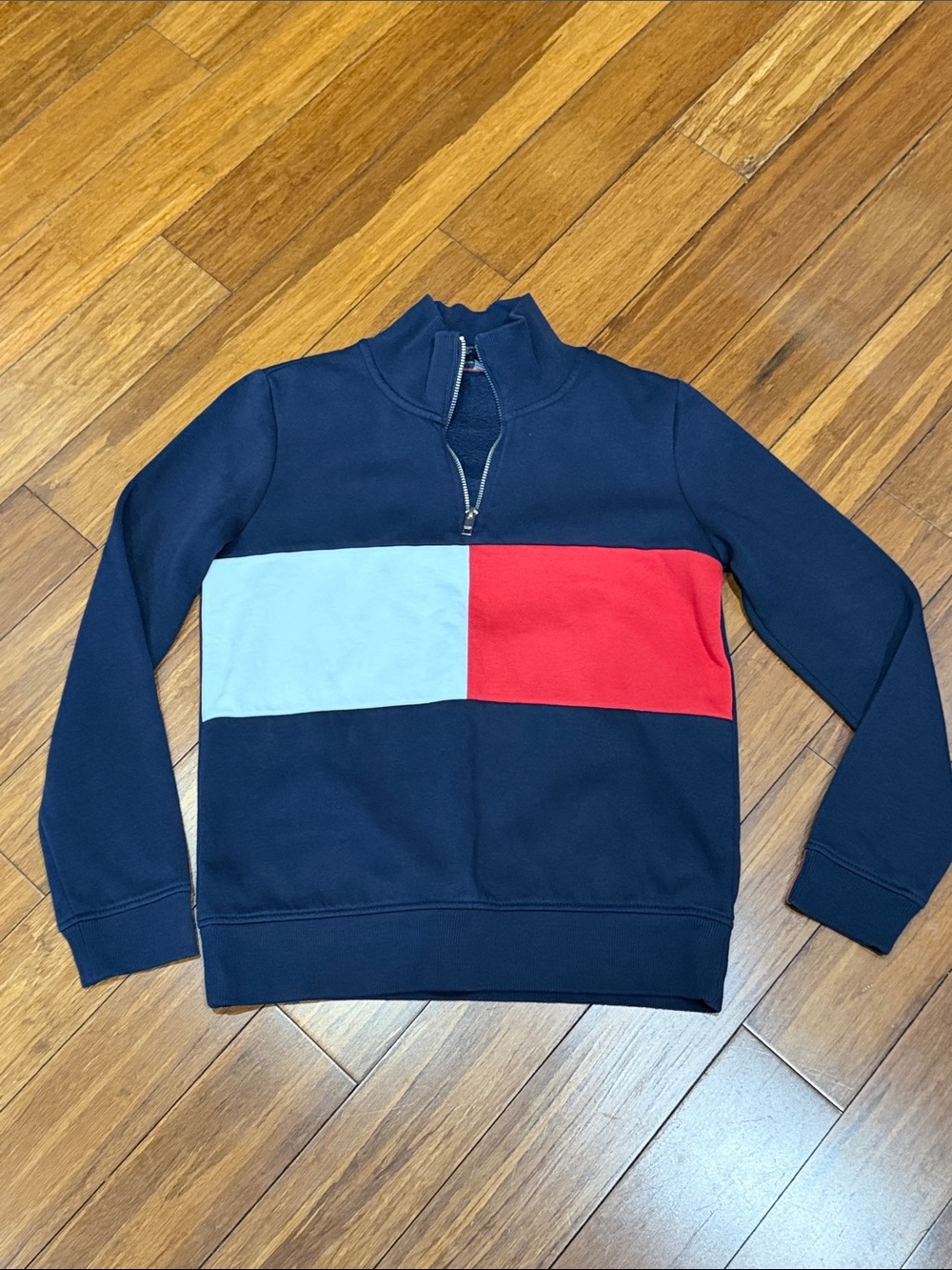 Tommy Hilfiger WOMEN Navy Quarter-Zip Sweatshirt with Red & Light Blue Block XS